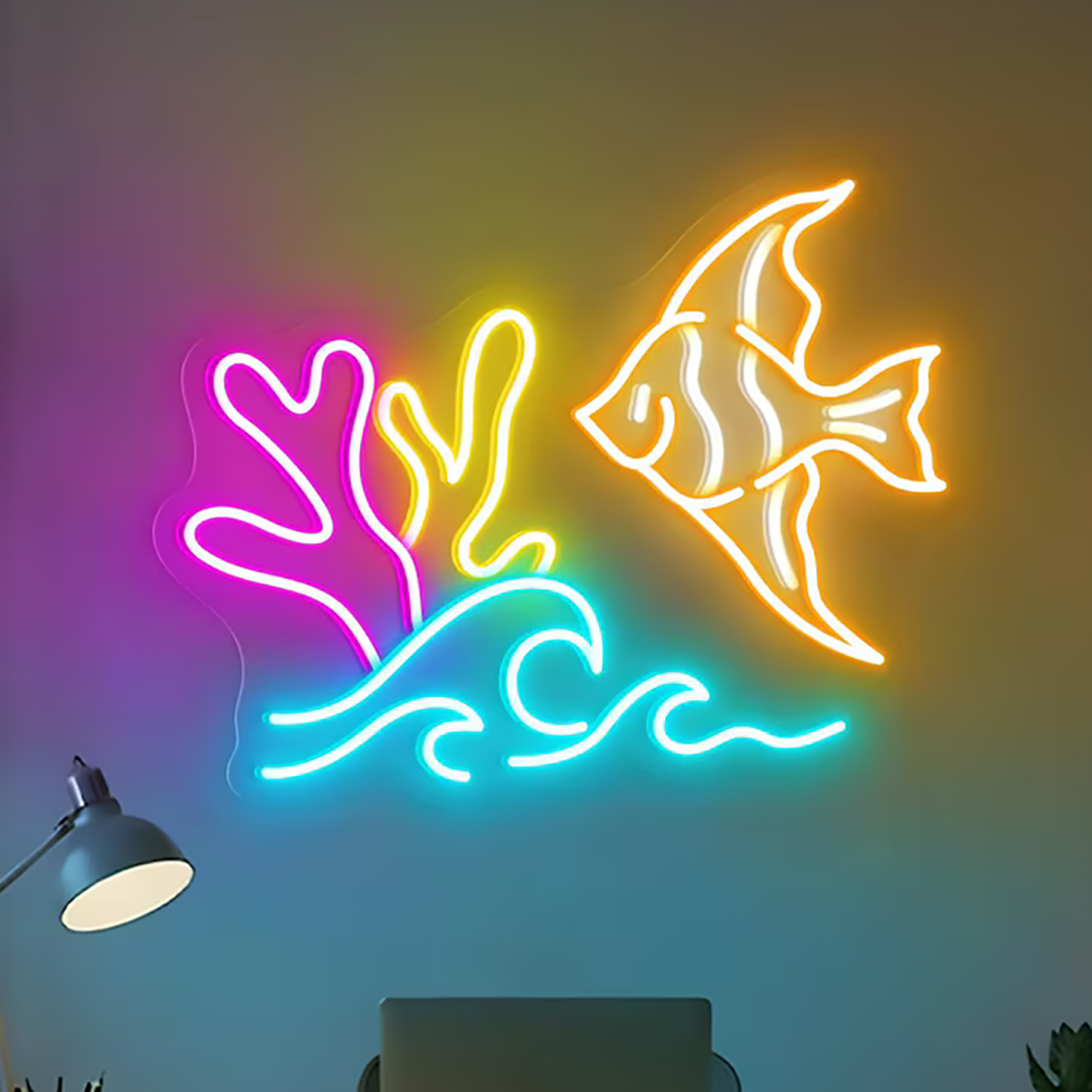 لافتة نيون على شكل سمكة، ديكور - مراجعة Aquarium Fish Restaurant وسعره